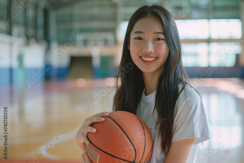 Portrait happy asian girl holding basketball in a school gymnasium © Kien