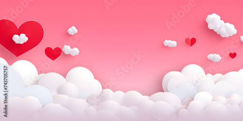 Valentine's day background with pink hearts above the clouds. 3d rendering, paper art style