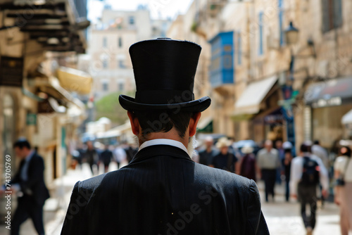 Rear view of a Jewish man wearing a top hat in the street
