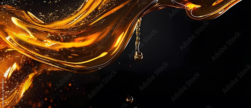 Splashes of oily liquid. Organic or motor oil on a black background - obrazy, fototapety, plakaty 