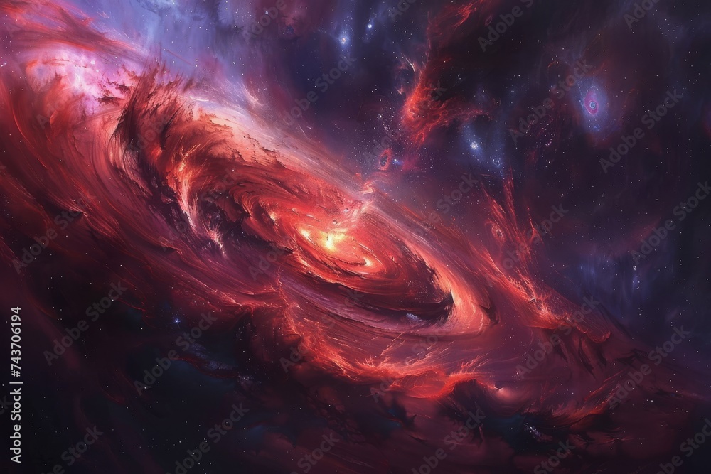 swirling disk of stars dominates the vast canvas of space, its reddish hue hinting at the presence of countless old stars - obrazy, fototapety, plakaty 