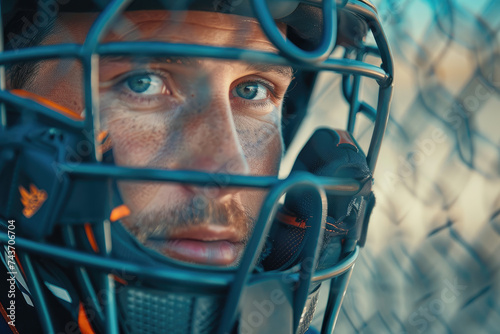 Portrait of professional male baseball catcher, man wearing gear and uniform