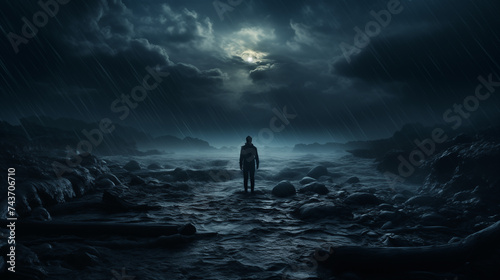 Solitary Figure Contemplating Under Moonlit Stormy Skies