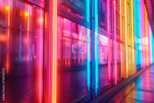 Illuminated colorful glass panels on a modern building facade