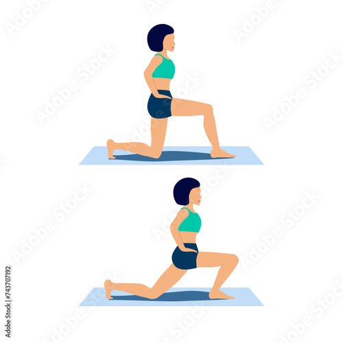 Woman demonstrates hip flexor stretching exercise in lunge position. Lean forward from half-kneeling position. Iliopsoas muscle strain training for lordosis. Flat character scene for mobile, app, web