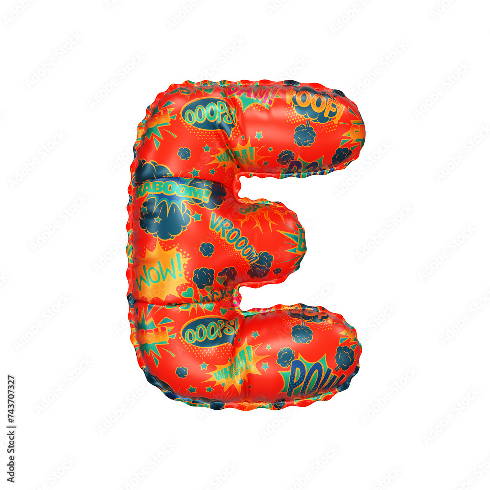 3D Helium Balloon Letter E with Red colored comic cartoon action hero texture