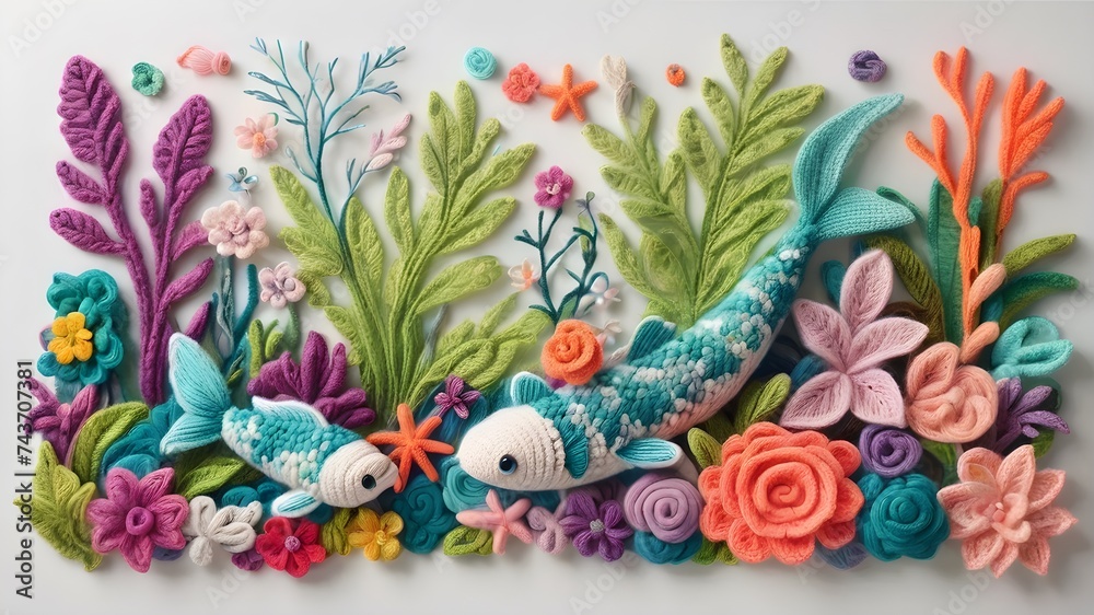 multicolour crochet coral reef with fish 