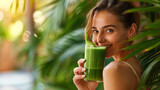 woman drinking green juice 