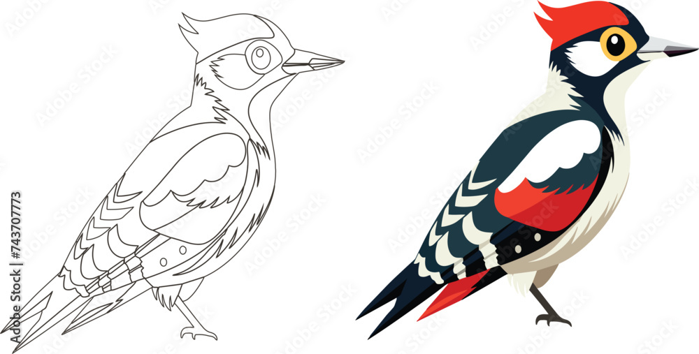 Cartoon woodpecker set - black and white and color illustrations Cartoon woodpecker set - black and white and color illustrations