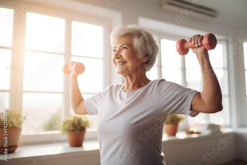smiling senior woman exercising with dumbbells at home. healthy lifestyle concept