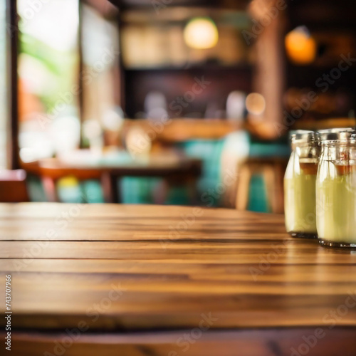 GENERATIVE AI Empty wooden table space platform and blurry defocused restaurant interior, Vintage tone