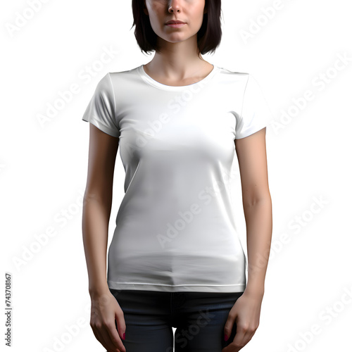 White blank t shirt template on female body front view