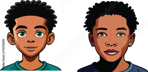 Cartoon portraits of two young boys with green eyes
