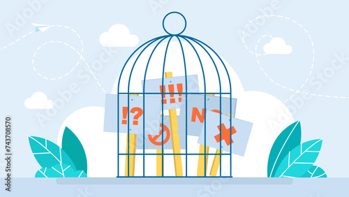 The authorities suppress the picket. Ban on protests. Banners with protest slogans in a cage. Struggle for rights concept. Empty protest sign. Picket sign. Propaganda poster. Vector illustration