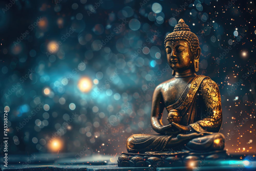 Fototapeta premium Glowing golden buddha with the background of universe