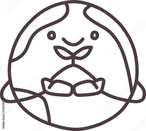 地球をかわいくデフォルメしたキャラクターが手に双葉の植物をもって微笑んでいるイラスト