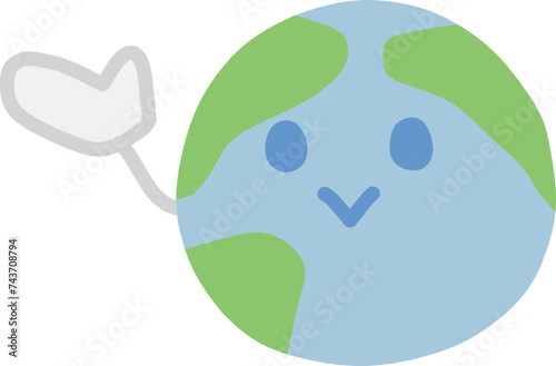 地球をかわいくデフォルメしたキャラクターが片手を上げて何かを示しているイラスト