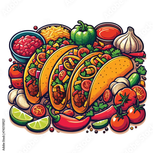 Fototapeta Naklejka Na Ścianę i Meble -  Tacos meat vegetable. mexican fast-food tortilla, leaves lettuce, cheese, tomato, forcemeat, sauce. Isolated white background vector illustration.