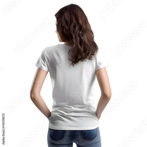 back view of woman in blank white t shirt on white background