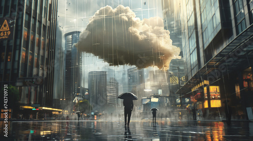 Regenschirm Marketing in sonniger Stadt mit einer einzigen Regenwolke über einer Person mit Regenschirm Generative AI photo