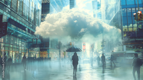 Regenschirm Marketing in sonniger Stadt mit einer einzigen Regenwolke über einer Person mit Regenschirm Generative AI photo