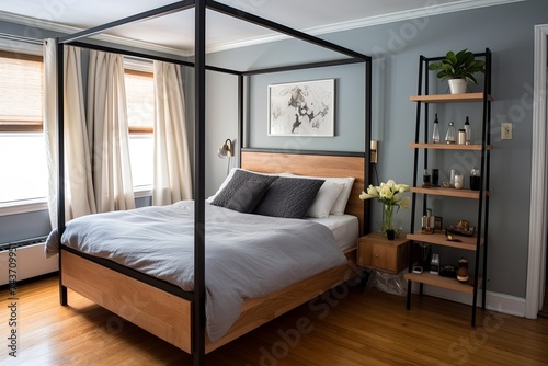 Sleek Canopy Bed Bedroom Inspirations with Integrated Shelving Storage Unit © Michael