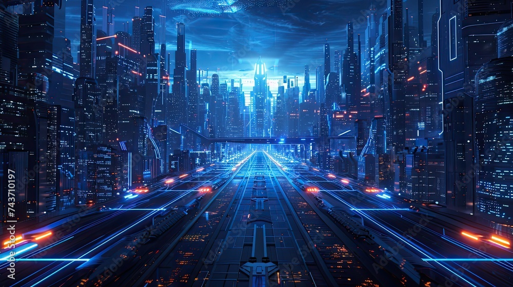Technological Lines Composed of Cities, Deep Navy Blue and Sky Blue Style, 8k Resolution, Illuminated, Front Perspective, Futuristic Chic , 8k Resolution