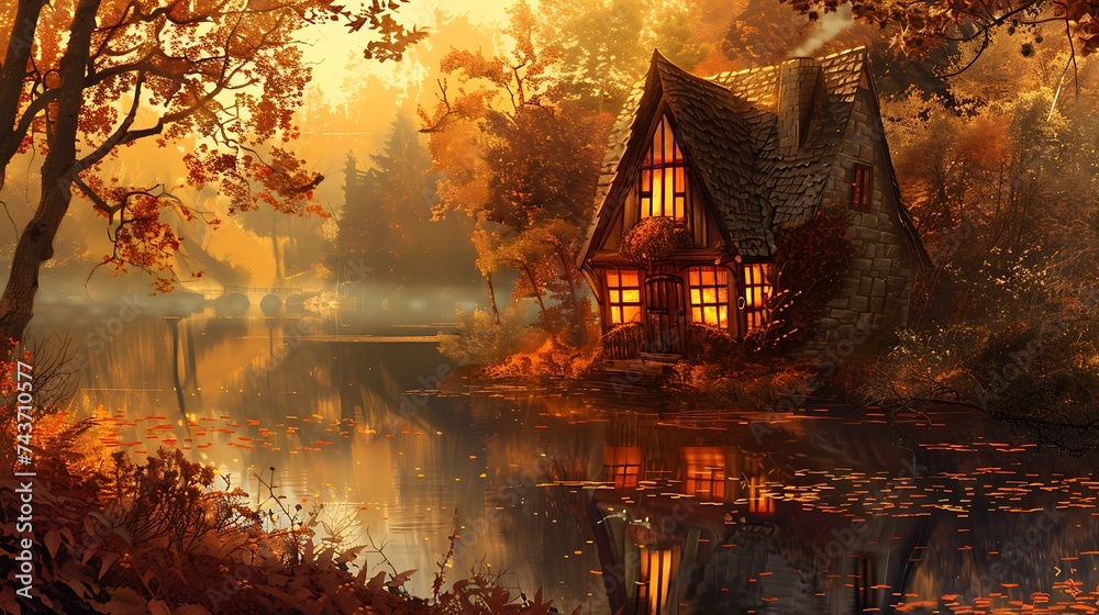 Quaint rustic witchs cabin by the lake autumn forest background orange. Generative Ai