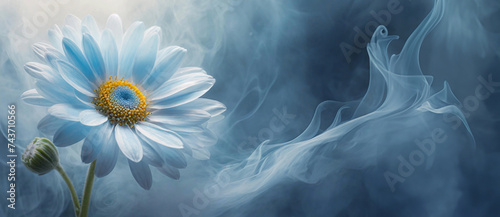 Panel kuchenny z motywem Niebieskie tło, stokrotka i dym. Kwiatowe abstrakcje. Puste miejsce