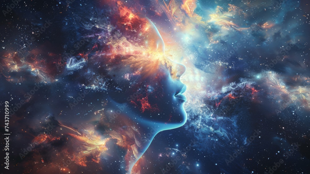Surreal cosmic portrait with a silhouette of a human face blending into a vibrant galaxy, symbolizing imagination and the universe within. - obrazy, fototapety, plakaty 