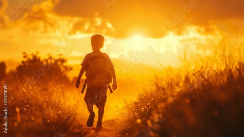 Silhouette of a young boy running through a field at sunset, with warm golden light and dramatic clouds in the background.