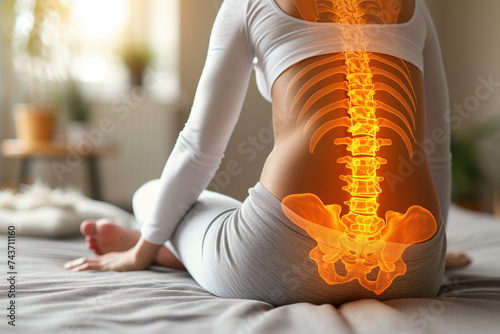 Lumbar pain, intervertebral spine hernia, woman with back pain at home, spinal disc disease, health problems concept photo