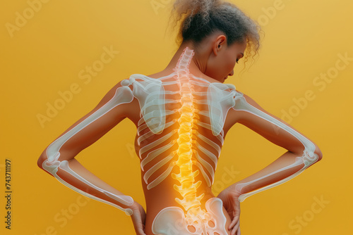 Shoulder-scapular periarthritis, shoulder blades, lumbar and neck pain, intervertebral spine hernia, woman with back pain on yellow background, spinal disc disease, hip joint arthritis