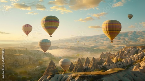 Hot air balloons gracefully descend against the stunning backdrop of the mountainous landscape of Cappadocia, Goreme National Park, Turkey. photo