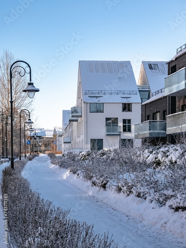 Modern architecture of a residential area near a park