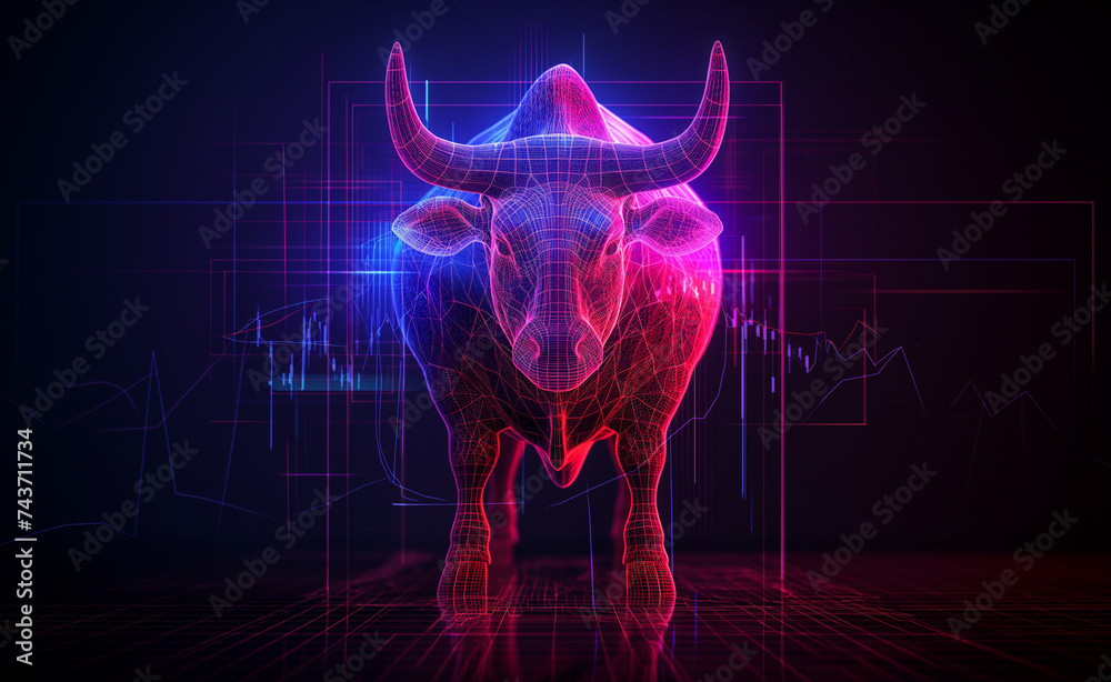 Futuristic Symbol of Financial Growth. Digital Bull in Holographic Glory.