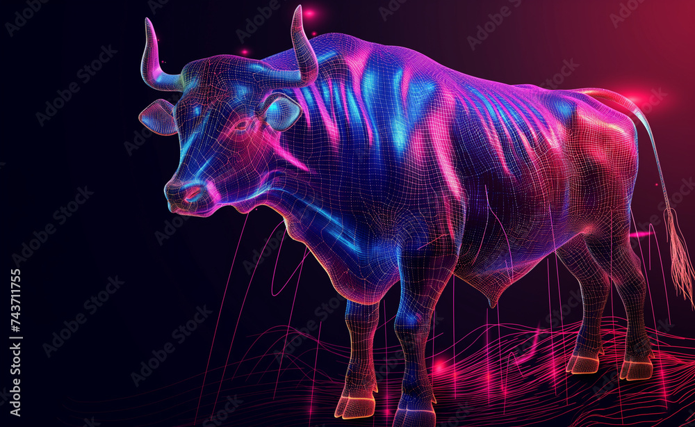 Futuristic Symbol of Financial Growth. Digital Bull in Holographic Glory.