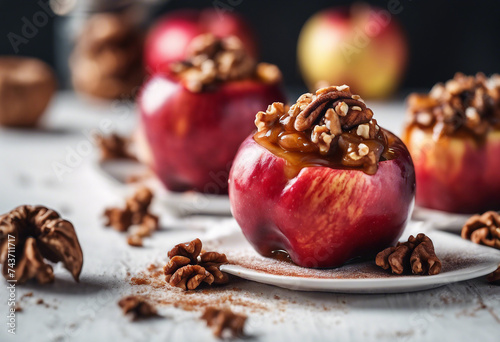 Red baked apples with cinnamon walnuts and honey on a white background Autumn or winter dessert photo
