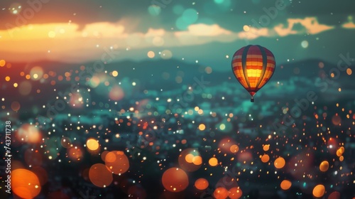 hot air balloon, adorned with bright hues, sits on a rocky surface, adding a touch of whimsy to the ethereal scene illuminated by countless lights