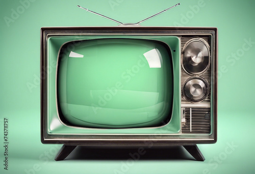 Retro Vintage old mint green TV set receiver cut out on transparent background