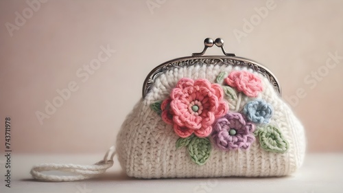 Handmade crochet flower purse on white surface along with yarns, crochet flowers, and crochet hook. 
