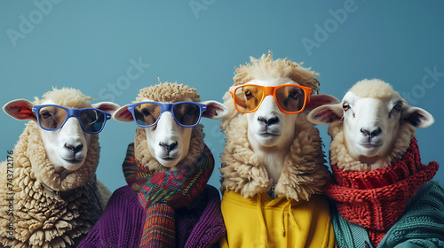 portrait of sheep with sunglasses, Cute animals in group wearing clothes. Generative Ai

