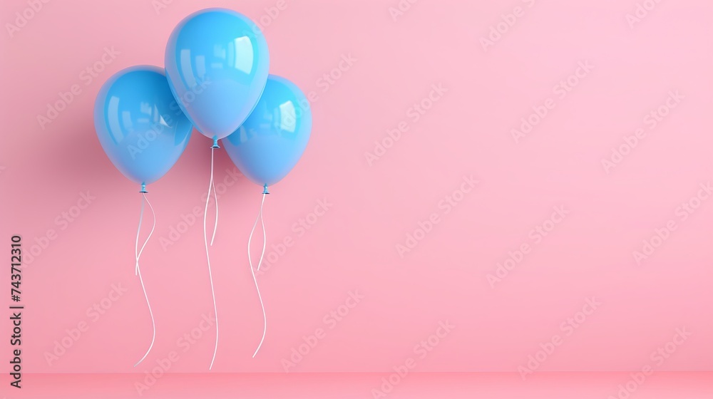 In a minimalist studio setting, blue balloons gracefully float against a soothing pink pastel background, embodying a creative and minimalistic concept with a touch of whimsy.