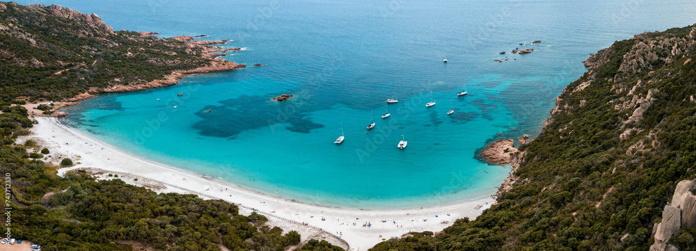 Aerial photo by drone of the roccapina beach in Sartène, the turquoise sea and the sleeping lion rock in Corsica