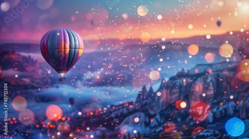 magical blend of nature and fantasy, a hot air balloon is perched on jagged rocks, enveloped in a sea of shimmering lights