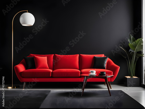 Radiant Red Retreat: Cozy Sofa Set, Black Wall Copy Space