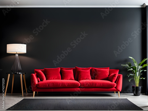 Crimson Comfort: Stylish Red Sofa Set with Black Wall Backdrop