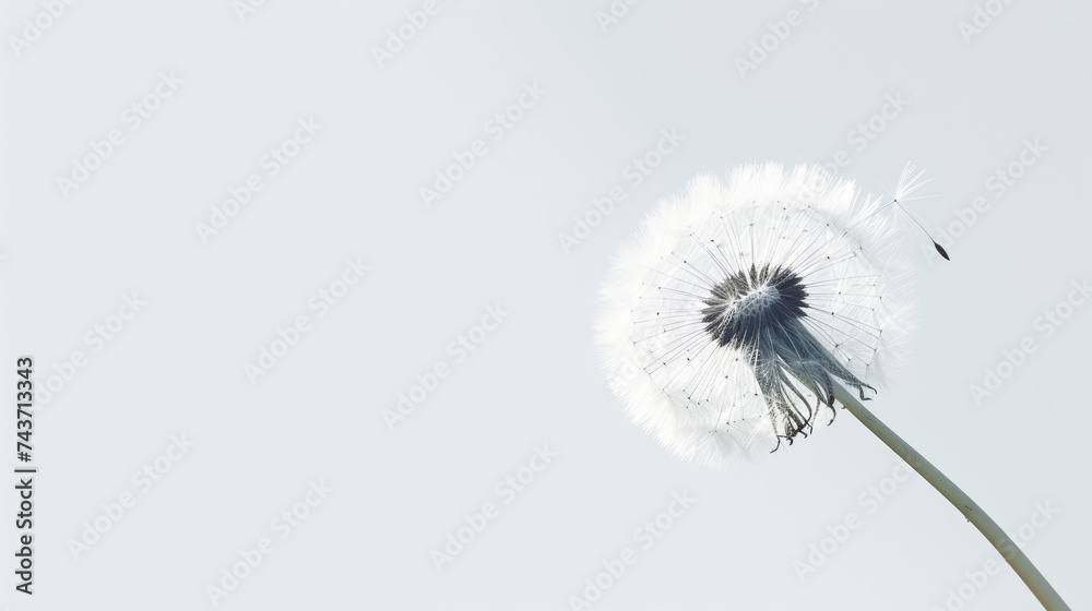 Detailed macro shot of single dandelion with seeds on white background with sun rays. Aesthetic concept. Generative AI