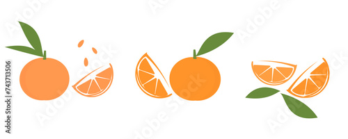 Orange with green leaf and half orange fruit icon set isolated on white background vector illustration.
