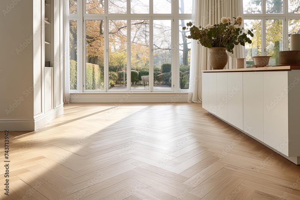 Fototapeta premium Herringbone Wooden Floor Patterns Minimalist Villa - Laminate Finish Excellence
